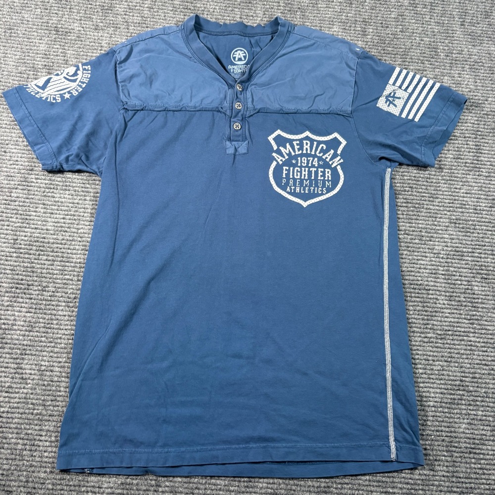 American Fighter Mens Blue Henley Graphic T-Shirt Premium Athletics Large USA